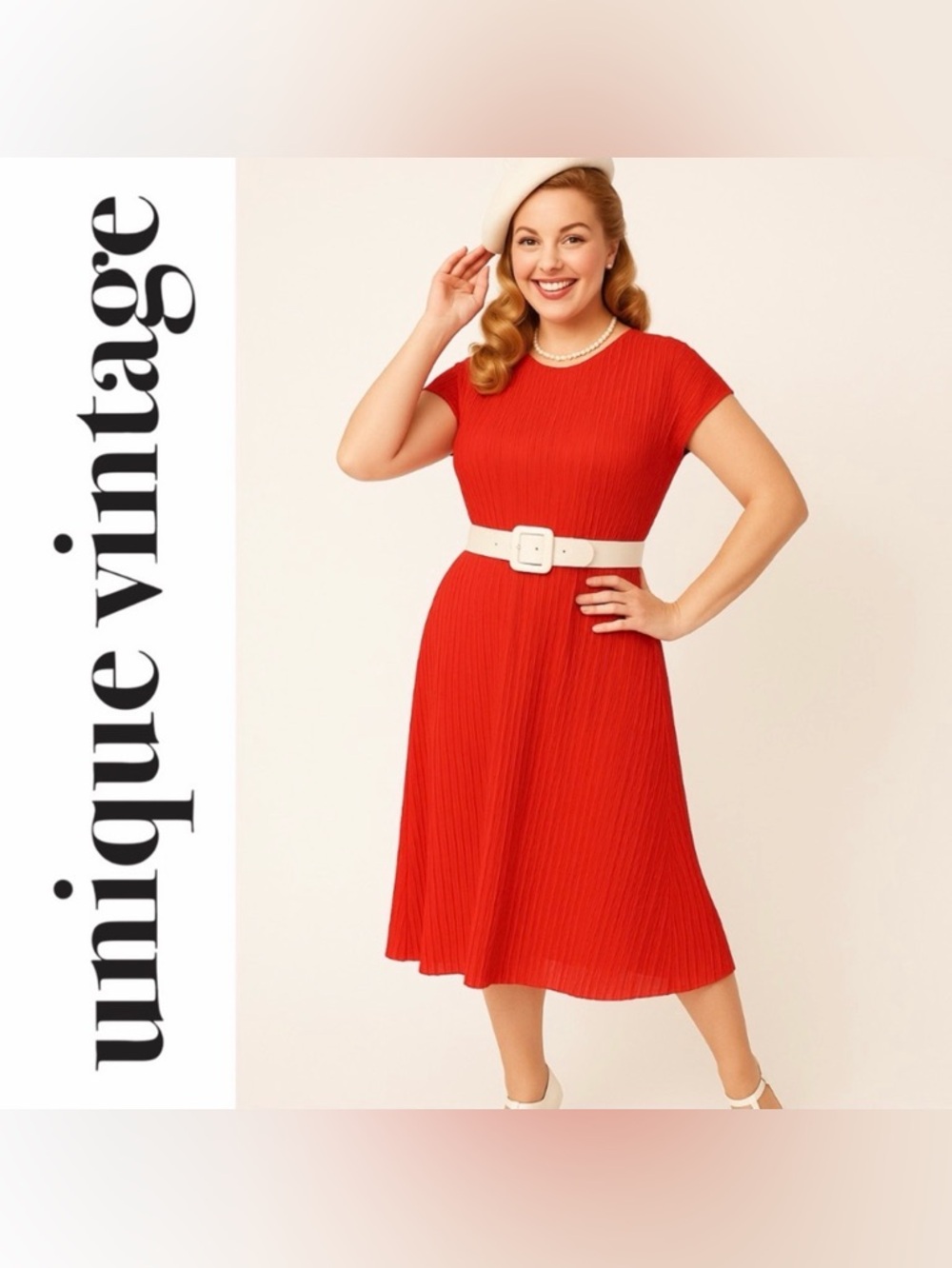 Unique Vintage Red 1940s Pleated Midi Dress, Large, NWT!